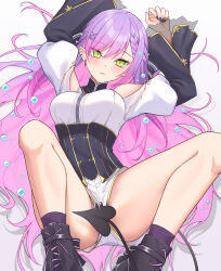  1girl black_nails blush braid breasts corset demon_tail earrings french_braid green_eyes hair_ornament hairclip highres hololive jewelry long_hair looking_at_viewer lying medium_breasts multiple_earrings nail_polish official_alternate_costume on_back pointy_ears purple_hair shorts solo tail tokoyami_towa tokoyami_towa_(7th_costume) very_long_hair virtual_youtuber x_hair_ornament z.m._(zimin) 