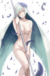 1girl breasts brynhildr_(fate) deras fate/grand_order fate/prototype fate/prototype:_fragments_of_blue_and_silver fate_(series) feathers long_hair nipples nude polearm purple_eyes silver_hair solo spear very_long_hair weapon rating:Questionable score:59 user:danbooru