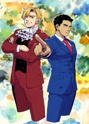  2boys ace_attorney ao_isami ascot black_hair black_vest blonde_hair blue_eyes blue_jacket closed_mouth collared_shirt cosplay cropped_legs crossed_arms dated facial_hair grin hair_slicked_back jacket lageins lapels lewis_smith looking_at_viewer male_focus miles_edgeworth miles_edgeworth_(cosplay) multiple_boys necktie pants phoenix_wright phoenix_wright_(cosplay) pointing pointing_at_viewer red_jacket red_necktie red_pants shirt short_hair sideburns_stubble signature smile stubble three_quarter_view twitter_username vest watercolor_background white_ascot white_shirt yuuki_bakuhatsu_bang_bravern 