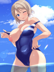 1girl absurdres blue_eyes blue_sky blush breasts brown_hair cameltoe cleft_of_venus competition_swimsuit covered_navel day highres large_breasts looking_at_viewer love_live! love_live!_sunshine!! mobukichi nipples off_shoulder one-piece_swimsuit one_breast_out one_eye_closed outdoors shiny_skin short_hair sky smile solo standing swimsuit watanabe_you water wet 