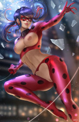 1girl absurdres black_hair blue_eyes breasts broken_glass cleft_of_venus earrings glass glass_shards highres jewelry ladybug_(character) long_hair marinette_dupain-cheng mask miraculous_ladybug nopeys pussy solo twintails uncensored rating:Explicit score:131 user:zulul