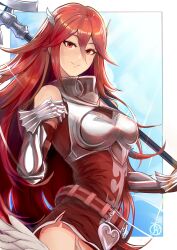  1girl armor belt blue_background border breastplate breasts brown_eyes closed_mouth commentary cordelia_(fire_emblem) english_commentary fire_emblem fire_emblem_awakening gauntlets hair_between_eyes highres holding holding_polearm holding_weapon lance long_hair looking_at_viewer medium_breasts nintendo outside_border polearm red_hair revolverwing smile solo standing weapon white_border winged_hair_ornament 