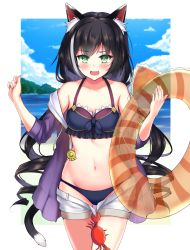 1girl animal_ear_fluff animal_ears arm_up bare_shoulders bikini black_hair blue_bikini blush breasts cat_ears cat_girl cat_tail clothes_pull collarbone cowboy_shot crab fang green_eyes highres holding holding_swim_ring innertube jacket karyl_(princess_connect!) karyl_(summer)_(princess_connect!) kavies looking_at_viewer low_twintails md5_mismatch medium_breasts multicolored_hair navel open_mouth princess_connect! purple_jacket resolution_mismatch revision short_shorts shorts shorts_pull skin_fang solo source_larger standing stomach streaked_hair swim_ring swimsuit tail twintails white_hair white_shorts rating:Sensitive score:5 user:danbooru