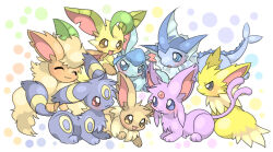 animal_focus black_eyes blonde_hair blue_eyes brown_eyes closed_eyes creatures_(company) eevee espeon fins flareon forehead_jewel forked_tail game_freak gen_1_pokemon gen_2_pokemon gen_4_pokemon gen_6_pokemon glaceon jolteon leafeon nintendo no_humans open_mouth pokemon pokemon_(creature) smile spikes suppainu sylveon tail umbreon vaporeon