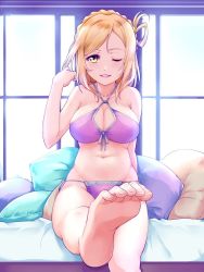  1girl barefoot bikini blonde_hair breasts cleavage collarbone feet highres kanabun large_breasts looking_at_viewer love_live! love_live!_school_idol_festival love_live!_sunshine!! navel ohara_mari one_eye_closed open_mouth purple_bikini sitting smile soles solo swimsuit toes yellow_eyes  rating:Questionable score:52 user:Sex._Furius