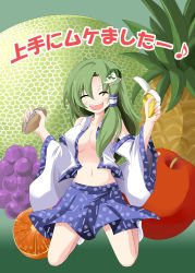  1970s_(style) 1girl ^_^ akebia_fruit apple banana barriquand be_(o-hoho) breasts chargeman_ken! closed_eyes covered_erect_nipples female_focus food fruit grapes green_hair happy highres holding holding_food holding_fruit knack kneeling kochiya_sanae large_breasts melon midriff mosaic_background navel oldschool open_clothes open_mouth open_shirt orange_(fruit) pineapple retro_artstyle robot shirt smile solo touhou translation_request 