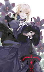  1girl artoria_pendragon_(all) black_dress blonde_hair dress fate/stay_night fate_(series) looking_at_viewer miira_miira open_mouth saber_alter smile solo standing sword weapon 