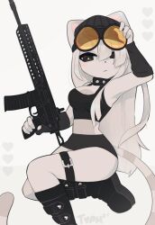  1girl animal_ears black_eyes black_footwear black_shirt black_skirt blush boots breasts cleavage cleavage_cutout clothing_cutout cropped_shirt frown furry furry_female goggles goggles_on_head grey_hair gun holding holding_gun holding_weapon looking_at_viewer medium_breasts naomi_(typh) original shirt skirt sleeveless sleeveless_shirt tail typh weapon  rating:Sensitive score:2 user:danbooru