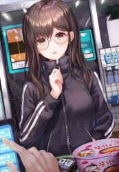 1girl absurdres breasts brown_eyes brown_hair commentary convenience_store copyright_request cup_ramen food glasses gongha highres indoors jacket jersey long_hair long_sleeves looking_at_viewer medium_breasts noodles shop solo solo_focus toothbrush track_jacket track_suit translation_request rating:Sensitive score:14 user:danbooru