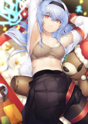 1girl armpits arms_up bare_shoulders black_pantyhose black_skirt bra breasts brown_bra christmas closed_mouth dabuki girls&#039;_frontline hat highres long_hair long_sleeves looking_at_viewer medium_breasts miniskirt open_clothes open_shirt pantyhose pleated_skirt red_eyes red_ribbon ribbon santa_hat shirt silver_hair skirt solo spaghetti_strap stomach stuffed_animal stuffed_toy teddy_bear thunder_(girls&#039;_frontline) underwear white_shirt rating:Sensitive score:23 user:danbooru