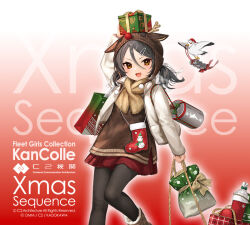  1girl antlers bird black_hair box christmas coat depth_charge feet_out_of_frame gift gift_bag gift_box gradient_background hair_between_eyes hat horns hoshiakari_(c2_kikan) inagi_(kancolle) inagi_kai_ni_(christmas_mode)_(kancolle) inagi_kai_ni_(kancolle) kantai_collection long_hair looking_at_viewer official_art open_mouth pantyhose red_background red_skirt reindeer_antlers sack scarf seagull skirt smile solo text_background twintails 