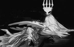  2others black_background cloak crown ded-lime dress grey_background grey_cloak greyscale hollow_eyes hollow_knight horns hug king lap_pillow looking_at_another lying monochrome multiple_others on_side pure_vessel sitting white_cloak 