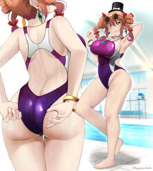  2girls adjusting_clothes adjusting_swimsuit arm_behind_head armpits ass bare_arms bare_legs bare_shoulders barefoot blush breasts brown_hair commission competition_swimsuit covered_navel drill_hair grin highres jewelry kagiyama_shachou large_breasts long_hair multiple_girls multiple_views necklace one-piece_swimsuit pool purple_one-piece_swimsuit skeb_commission smile solo_focus swimsuit toes touhou twin_drills twintails twitter_username water yellow_eyes yorigami_jo&#039;on yorigami_shion 