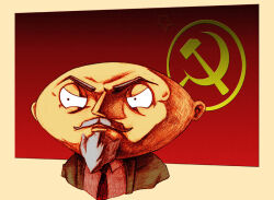  1boy angry bald closed_mouth coat collared_shirt communism communist_flag cropped_torso facial_hair family_guy flag frown goatee grey_hair hammer hammer_and_sickle jacket juliusbernard lips mustache necktie official_art oval parody real_life real_life_insert sanpaku serious shirt sickle solo soviet soviet_flag stewie_griffin suit_jacket upper_body v-shaped_eyebrows vladimir_lenin white_shirt wide_face 