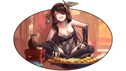  1girl bangs bare_shoulders beidou_(genshin_impact) black_gloves bottle breasts brown_hair cleavage collarbone cup earrings eyebrows_visible_through_hair eyepatch eyes_closed facing_viewer fingerless_gloves food fried_food fukushi_ryouhei genshin_impact gloves hair_ornament hair_over_one_eye hairpin hand_on_own_thigh indian_style jewelry large_breasts long_hair open_mouth plate sake_bottle single_earring sitting smile solo stick tassel tassel_earrings thighhighs 