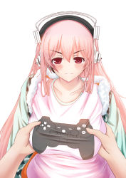  &gt;:( 1girl bad_id bad_pixiv_id blush breasts controller dualshock frown game_controller gamepad grabbing grabbing_another&#039;s_breast headphones highres hoshi_yoshimi large_breasts long_hair looking_at_viewer nitroplus pink_hair playstation_controller red_eyes simple_background solo_focus super_sonico v-shaped_eyebrows 