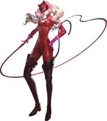  1girl artist_request blonde_hair blue_eyes bodysuit boots breasts cat_mask cleavage full_body gloves hand_on_own_hip highres holding holding_whip long_hair looking_at_viewer mask medium_breasts parted_lips persona persona_5 persona_5:_the_phantom_x pink_gloves red_bodysuit red_lips simple_background skin_tight solo standing tachi-e takamaki_anne thigh_boots transparent_background twintails wavy_hair  rating:Sensitive score:13 user:danbooru