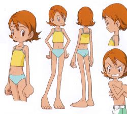  1girl ass barefoot blue_panties camisole character_sheet covering_privates covering_chest digimon digimon_adventure feet full_body hands_on_own_hips highres hongo_akiyoshi loli looking_at_viewer multiple_views navel official_art panties settei simple_background solo standing takenouchi_sora toes topless underwear white_background  rating:Questionable score:109 user:vanswine