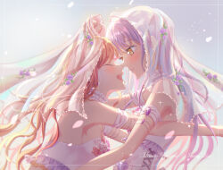  2girls armlet bang_dream! blush bridal_veil brown_hair character_name choker commentary dress earrings falling_petals floating_hair grey_hair highres imai_lisa jewelry long_hair looking_at_another minato_yukina multiple_girls open_mouth petals shih_lion sidelocks sparkle strapless strapless_dress veil white_choker white_dress wife_and_wife yellow_eyes yuri 