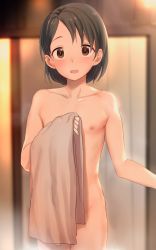  1girl absurdres black_hair blush brown_eyes collarbone covering_privates djheycha flat_chest highres holding holding_towel idolmaster idolmaster_cinderella_girls loli looking_at_viewer naked_towel nipples nude nude_cover open_mouth sasaki_chie short_hair solo standing towel  rating:Questionable score:151 user:danbooru