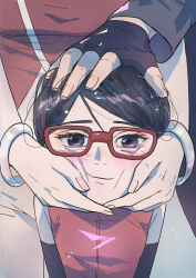  1boy 2girls absurdres bare_shoulders black_eyes black_gloves black_hair blush boruto:_naruto_next_generations bracelet commentary english_commentary father_and_daughter fingerless_gloves glasses gloves hand_on_another&#039;s_cheek hand_on_another&#039;s_face hand_on_another&#039;s_head haruno_sakura headpat highres husband_and_wife jewelry looking_at_viewer mother_and_daughter multiple_girls naruto_(series) nyafurbl red-framed_eyewear red_shirt shirt short_hair smile solo_focus uchiha_sarada uchiha_sasuke upper_body 