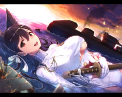  1girl animal_ears atago_(azur_lane) azur_lane black_eyes black_hair blood breasts gloves hair_ribbon highres large_breasts letterboxed long_hair looking_at_viewer lying_on_water md5_mismatch mole mole_under_eye no_bra ocean pecolondon resolution_mismatch ribbon solo source_larger sword tears torn_clothes water weapon white_gloves 