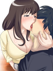 1boy 1girl absurdres black_hair blush breasts brown_eyes brown_hair cleavage erection erection_under_clothes faceless handjob handjob_over_clothes hetero highres kiss large_breasts long_hair mature_female penis saliva short_hair standing tetsukui rating:Explicit score:62 user:Ynyswydryn
