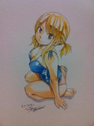 10s 1girl 2013 ass barefoot blonde_hair breasts curvy dated fairy_tail feet female_focus huge_ass large_breasts lucy_heartfilia mashima_hiro official_art signature smile traditional_media twintails rating:Sensitive score:52 user:TheRedLight