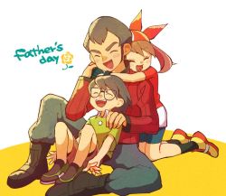  1girl 2boys age_difference bandana brother_and_sister brown_hair creatures_(company) family father&#039;s_day father_and_daughter father_and_son flower game_freak glasses green_shirt gym_leader heartwarming hug hug_from_behind kneeling long_sleeves max_(pokemon) may_(pokemon) multiple_boys nintendo norman_(pokemon) pokemon pokemon_(anime) pokemon_rse_(anime) shirt short_sleeves shorts siblings simple_background sitting soha_(yacht) white_background 