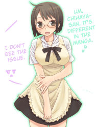  1girl 403_(artist) :d apron black_eyes black_hair blush cosplay creator_connection glasses hard-translated open_mouth ribbon servant_x_service short_hair smile solo sweatdrop third-party_edit translated waitress working!! yamagami_lucy 