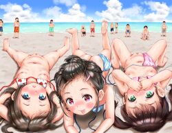  3girls :q absurdres ass barefoot beach bikini black_hair blue_eyes blush bottomless breasts censored cleft_of_venus clothing_aside cloud cloudy_sky covering_own_mouth dirty exhibitionism fat_mons feet flat_chest green_eyes hair_ornament hairclip heart heart-shaped_pupils heart_bikini heart_print heart_swimsuit higegepon highres huge_filesize island loli looking_at_viewer lying mosaic_censoring multiple_boys multiple_girls navel nipples on_back on_stomach outdoors pink_bikini pink_eyes print_bikini print_clothes print_swimsuit public_indecency public_nudity pussy sand_on_ass sky small_breasts smile spread_legs star_(symbol) star_bikini star_print string_bikini striped_bikini striped_clothes swimsuit swimsuit_aside symbol-shaped_pupils third-party_edit tongue tongue_out twintails untied_bikini white_bikini  rating:Explicit score:271 user:Mudskipper