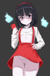  1girl angry black_background black_hair blush bra bra_pull cellphone cleft_of_venus clothes_pull female_focus flat_chest hair_ornament hairband hanako-san_(gegege_no_kitarou_6) hand_on_own_hip hitodama holding holding_phone loli long_sleeves looking_at_viewer looking_down nipples no_panties pale_skin phone purple_eyes pussy red_skirt shaded_face shirt shrug_(clothing) simple_background skirt smartphone solo standing suspender_skirt suspenders toire_no_hanako-san training_bra uncensored underwear wind wind_lift zyarame 