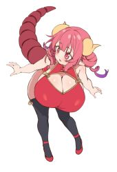  1girl absurdres alternate_costume black_thighhighs blush breasts china_dress chinese_clothes cleavage dragon_girl dragon_horns dragon_tail dress elomil full_body gigantic_breasts highres horns ilulu_(maidragon) kobayashi-san_chi_no_maidragon leaning_forward oppai_loli pink_eyes pink_hair pointy_ears red_dress red_footwear shoes shortstack simple_background sleeveless sleeveless_dress slit_pupils solo tail thighhighs white_background 