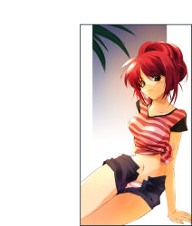 00s blush highres kousaka_tamaki midriff nagare_hyougo open_fly panties red_hair smile solo striped_clothes striped_panties to_heart_(series) to_heart_2 underwear unzipped zipper rating:Sensitive score:7 user:danbooru