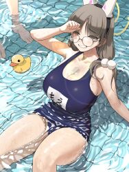alternate_hairstyle animal_ears blue_archive breasts brown_eyes brown_hair cleavage fake_animal_ears glasses hair_ornament halo huge_breasts moe_(blue_archive) one-piece_swimsuit pool rabbit_ears rabbit_hair_ornament round_eyewear rubber_duck school_swimsuit side_ponytail sitting swimsuit thick_thighs thighs tile_floor tiles wet zig90