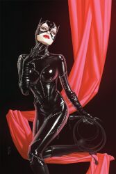  1girl absurdres batman_(series) black_background black_bodysuit black_footwear blue_eyes bodysuit boots breasts catwoman claws dc_comics highres holding holding_whip knee_boots latex latex_bodysuit looking_to_the_side medium_breasts pale_skin red_curtains red_lips scott_forbes simple_background solo 