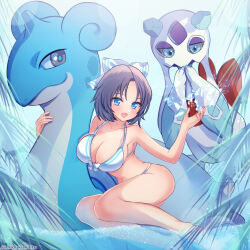  1girl :d back_bow barefoot bikini blue_eyes blush bow breasts cleavage closed_mouth collarbone colored_sclera colored_skin creatures_(company) crossover cryokinesis front-tie_bikini_top front-tie_top froslass full_body game_freak gen_1_pokemon gen_4_pokemon gogat8 grey_hair groin hair_bow horns ice lapras large_breasts leaf looking_at_viewer nintendo open_mouth outdoors palm_leaf parted_bangs pokemon pokemon_(creature) pokemon_dppt pokemon_rgby purple_skin riding riding_pokemon senran_kagura senran_kagura_shinovi_versus shell short_hair single_horn skindentation smile snow striped_bow swimming swimsuit water white_bow yellow_sclera yumi_(senran_kagura) 