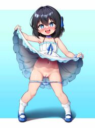  1girl absurdres bare_shoulders black_hair blue_eyes blue_footwear blue_panties blue_ribbon blush bow bow_panties choker cleft_of_venus clothes_lift collarbone dot_nose dress dress_lift female_focus full_body hair_ornament hair_ribbon heart heart-shaped_pupils highres lifting_own_clothes loli looking_at_viewer musouzuki navel open_mouth panties panty_pull pussy ribbon shiny_skin shoes short_hair simple_background smile socks solo spread_legs standing symbol-shaped_pupils teeth uncensored underwear upper_teeth_only white_dress white_socks  rating:Explicit score:473 user:sapuramura