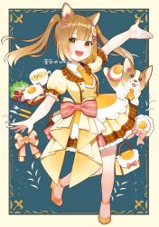  1girl animal animal_ears ankle_strap aona_(noraneko) bag bow bread bread_slice breakfast brown_eyes brown_hair buttons cherry_tomato collared_dress cup dog dog_ears dog_girl double-breasted dress egg egg_hair_ornament food food-themed_bag food-themed_hair_ornament fork fried_egg fried_egg_on_toast frilled_dress frilled_necktie frills full_body hair_bow hair_ornament handbag highres knife lettuce long_hair looking_at_viewer mug multicolored_hair necktie open_mouth original outstretched_arm puffy_short_sleeves puffy_sleeves short_sleeves smile solo standing standing_on_one_leg toast tomato twintails welsh_corgi white_hair 