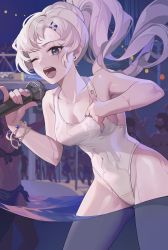  1girl absurdres bare_arms bare_shoulders blue_eyes bracelet breasts cleavage collarbone competition_swimsuit covered_navel earrings grey_hair hair_ornament hairclip highres holding holding_microphone jewelry leaning_forward long_hair medium_breasts microphone music night one-piece_swimsuit one_eye_closed people ponytail pool rwby scar scar_across_eye scar_on_face singing solo_focus stud_earrings swimsuit wading wangxiii water weiss_schnee wet wet_clothes wet_swimsuit white_one-piece_swimsuit  rating:Sensitive score:98 user:danbooru