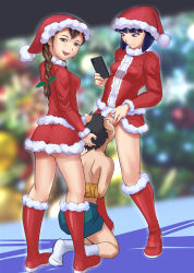 1boy 2girls :d arms_behind_back black_hair boots braid brown_eyes brown_hair christmas clothes_lift cunnilingus dress femdom grin hand_on_another&#039;s_head hat highres kneeling long_hair looking_at_viewer looking_down mistletoe multiple_girls open_mouth oral original phone pubic_hair purple_eyes purple_hair topless_male short_hair shorts skirt skirt_lift smile socks standing tape ttl rating:Explicit score:101 user:TornAsunder
