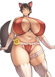  1girl animal_ears areola_slip blush breasts brown_eyes brown_hair cleavage covered_erect_nipples gigantic_breasts highres huge_breasts large_areolae looking_at_viewer pepe_(jonasan) plump short_hair smile solo standing tagme tail thick_thighs thighhighs thighs  rating:Explicit score:42 user:Galvano