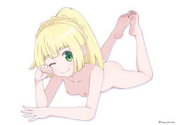 1girl ;) arm_support barefoot blonde_hair blunt_bangs blush braid closed_mouth collarbone commentary_request completely_nude creatures_(company) dot_nose eyelashes feet_up female_focus fingernails french_braid full_body game_freak green_eyes high_ponytail highres knees_apart_feet_together lillie_(pokemon) long_hair looking_at_viewer lying nintendo nipples nude on_stomach one_eye_closed pokemon pokemon_sm simple_background smile soles solo spread_legs the_pose toes white_background yashi_(hayashiki0404)  rating:Explicit score:76 user:A_User
