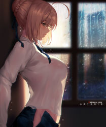 1girl ahoge artoria_pendragon_(all) artoria_pendragon_(fate) aztodio blonde_hair blue_ribbon blush braid breasts fate/stay_night fate_(series) french_braid from_side green_eyes hair_ribbon long_sleeves medium_breasts midriff_peek no_bra no_panties patreon_username profile rain revision ribbon saber_(fate) see-through see-through_silhouette shirt short_hair silhouette skirt solo unbuttoned_skirt wet wet_clothes white_shirt window rating:Questionable score:160 user:danbooru