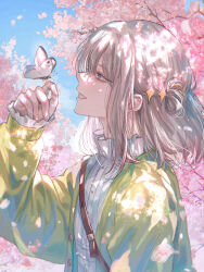  1boy asano_(kazusasn) blue_eyes blue_sky bug butterfly buttons cardigan cherry_blossoms cloud collared_shirt diamond_hair_ornament falling_petals fate/grand_order fate_(series) green_cardigan grey_hair grin highres insect insect_on_finger long_sleeves looking_at_animal male_focus medium_hair oberon_(fate) official_alternate_costume official_alternate_hairstyle open_cardigan open_clothes petals shirt sky smile solo tree upper_body white_butterfly white_shirt 