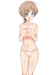 1girl absurdres ahoge blue_eyes blush braid breasts brown_hair gluteal_fold groin_tendon hands_on_own_chest highres large_breasts long_hair looking_at_viewer lowleg lynette_bishop mejina navel open_mouth panties panties_only solo strike_witches topless underwear underwear_only white_background white_panties world_witches_series rating:Questionable score:17 user:danbooru