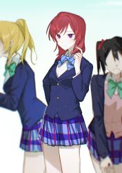  3girls ayase_eli black_hair blonde_hair blue_jacket blue_ribbon blue_skirt blurry blurry_background breasts brown_sweater_vest chinese_commentary closed_mouth collared_shirt commentary_request green_ribbon highres jacket kyoko_(akakikyoko) light_particles love_live! love_live!_school_idol_project medium_breasts medium_hair miniskirt multiple_girls neck_ribbon nishikino_maki no_eyes open_clothes open_jacket open_mouth otonokizaka_school_uniform plaid plaid_skirt pleated_skirt ponytail purple_eyes red_hair ribbon school_uniform shirt simple_background skirt smile striped_ribbon sweater_vest white_background white_shirt yazawa_nico 