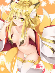  1girl animal_ear_fluff animal_ears blonde_hair blush breasts collarbone fox_ears fox_girl fox_shadow_puppet fox_tail hair_censor hair_over_breasts highres himeyuri_(nyanko_daisensou) multicolored_hair multiple_tails navel nyanko_daisensou solo tail tail_censor thighhighs twin-7646 white_thighhighs yellow_eyes  rating:Questionable score:11 user:danbooru