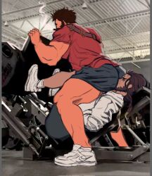  2boys alternate_costume ass bara closed_eyes couple exercise_machine face_in_ass graves_(league_of_legends) gym highres jessebrart league_of_legends leg_press_machine male_focus mature_male meme multiple_boys muscular muscular_male nike_(company) photo_background shirt shoes short_hair short_shorts shorts sitting sitting_on_face sitting_on_person sneakers t-shirt the_world_needs_more_heroes_(meme) twisted_fate yaoi 