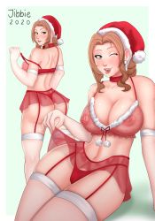  1girl absurdres aerith_gainsborough artist_name ass back blush breasts brown_hair earrings elbow_gloves final_fantasy final_fantasy_vii fur_trim garter_straps gloves green_eyes hat highres huge_ass jewelry jibbie large_breasts lingerie lips long_hair navel nipples pom_pom_(clothes) santa_hat see-through simple_background smile solo stomach thick_thighs thighhighs thighs underwear wide_hips wink  rating:Questionable score:25 user:JustHere4Butts